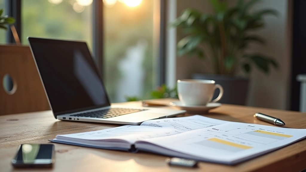 Laptop open met dagplanner, kopje thee en potlood op bureau