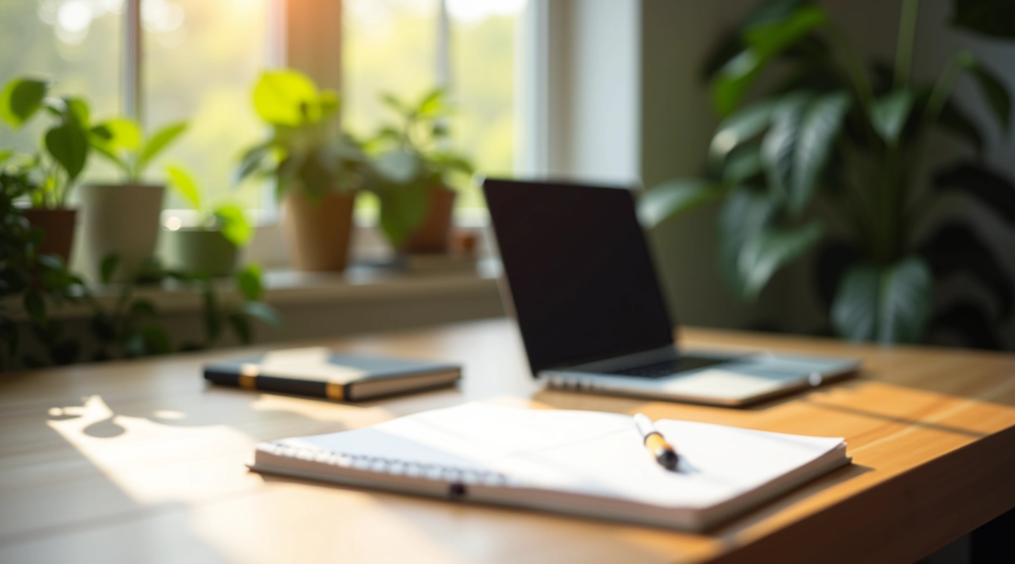 Werkplek met laptop en dagplanner op houten bureau in ochtendlicht
