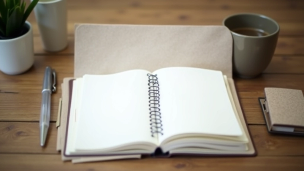 Notebook met pen op bureau met dagboek-lay-out en kopje koffie in zacht ochtendlicht
