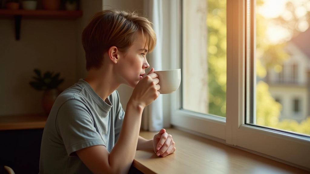 Persoon drinkt koffie in de ochtend bij het raam, routine moment in dagelijks leven