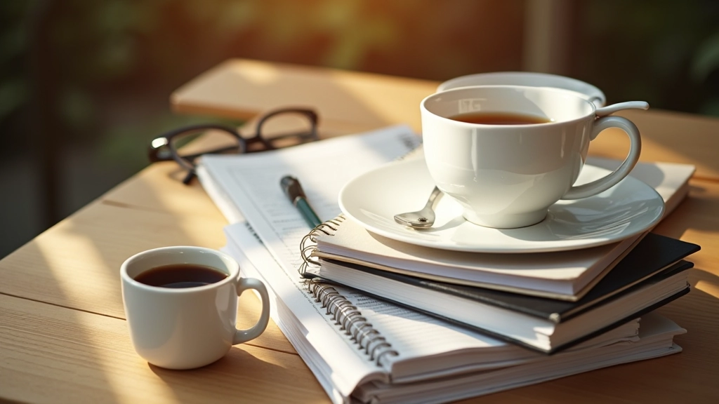 Stapel boeken met aantekeningen en koffiekopje op werkbureau