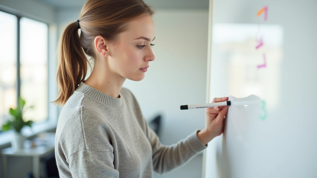 Vrouw schrijft doelen op een whiteboard met kleurrijke markers