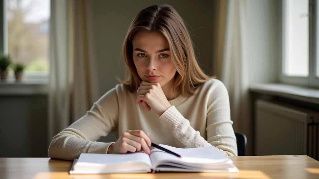 Persoon zittend aan bureau met notitieboek en pen, denkend