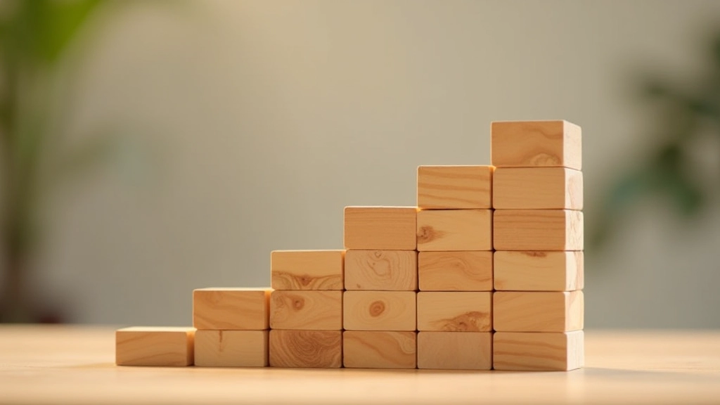 Stappenstapeling op tafel die groei symboliseert, kleine blokken opgestapeld