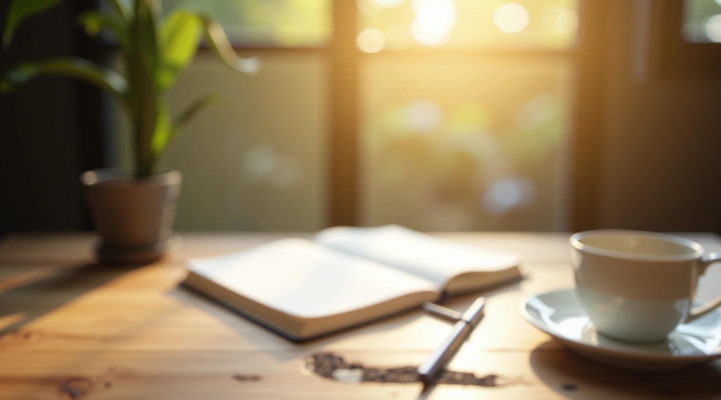 Houten bureau met notitieboekje, pen en kopje koffie in ochtendlicht